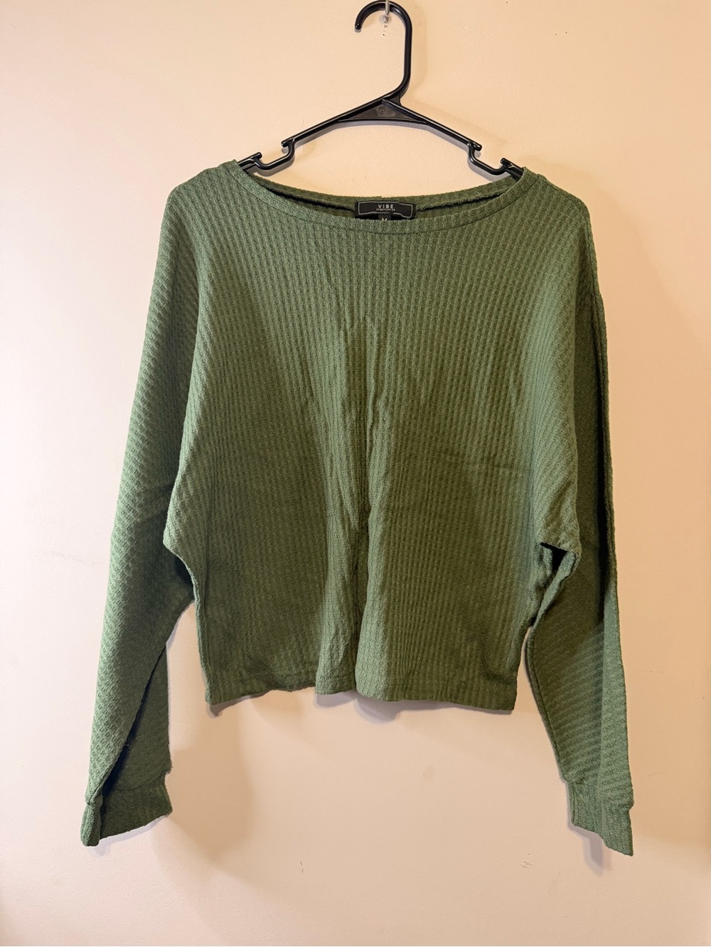 Vibe Olive Green Waffle-Knit Long Sleeve Top